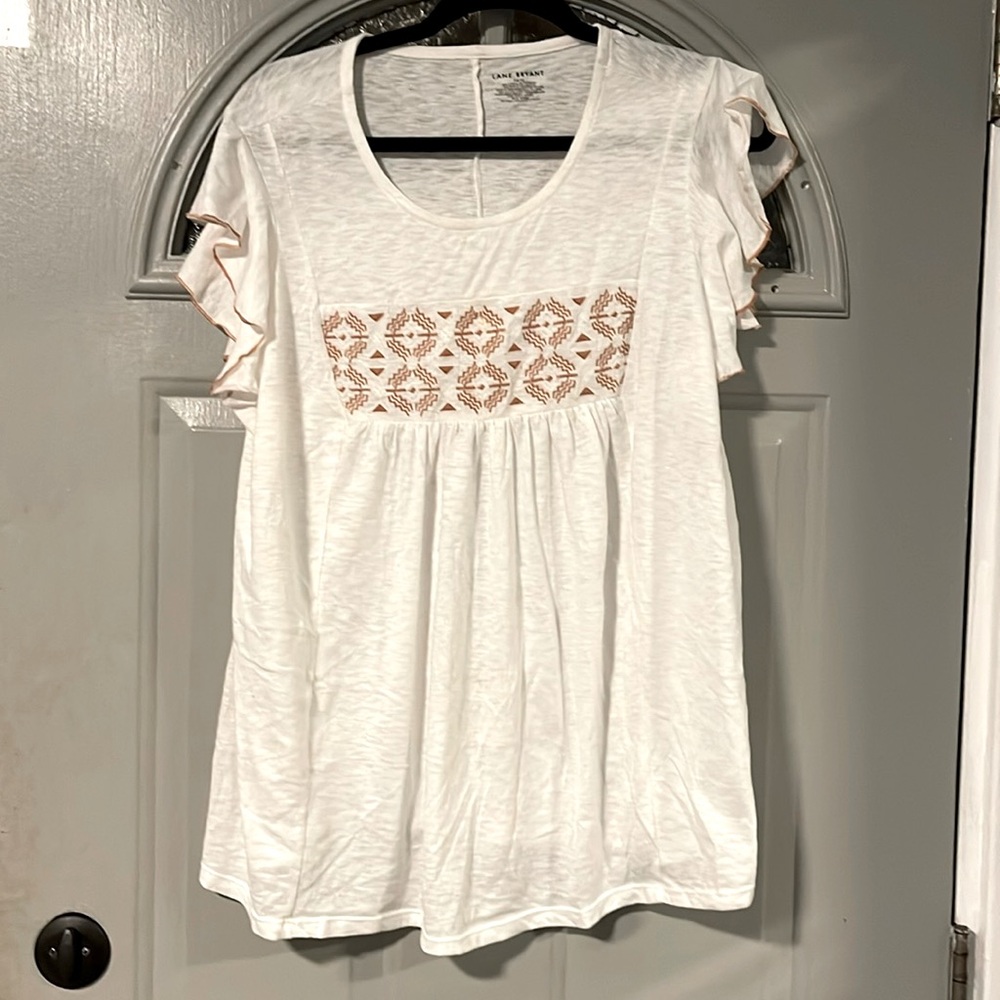 Lane Bryant flutter sleeve embroidered top.